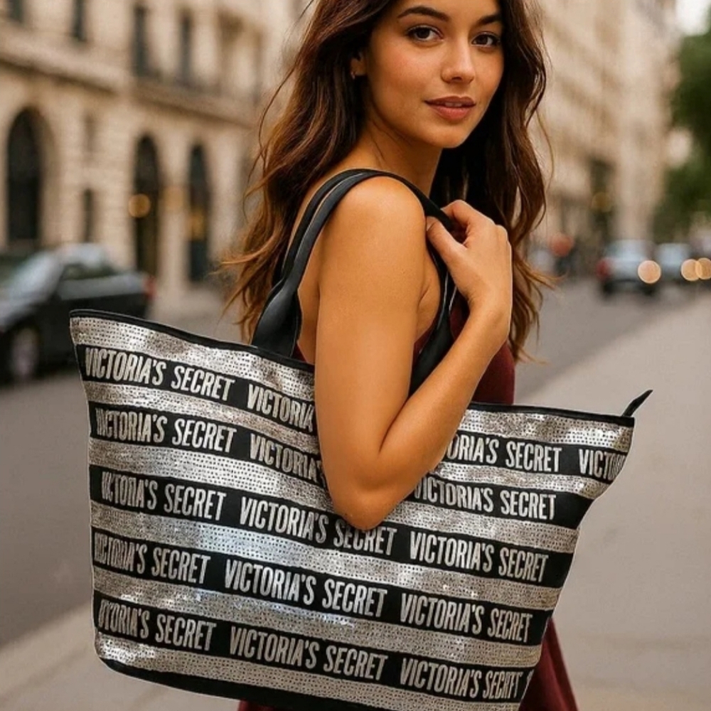 Victoria's Secret Black and Silver Striped Tote